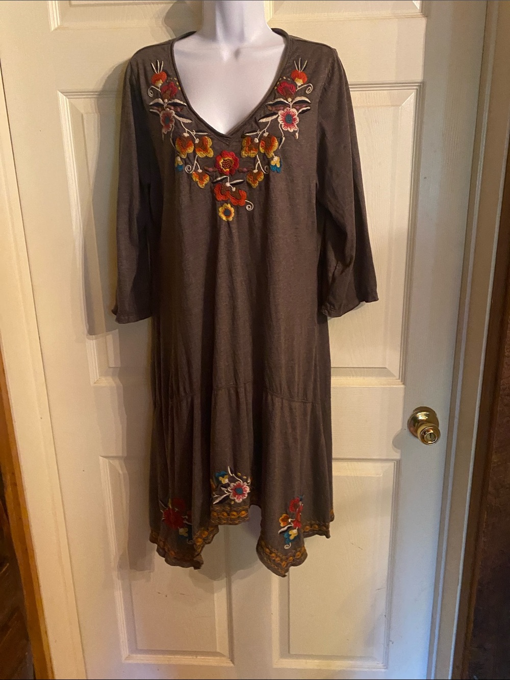 Johnny Was Brown Embroidered V-Neck Midi Dress with Multicolor Floral Accents